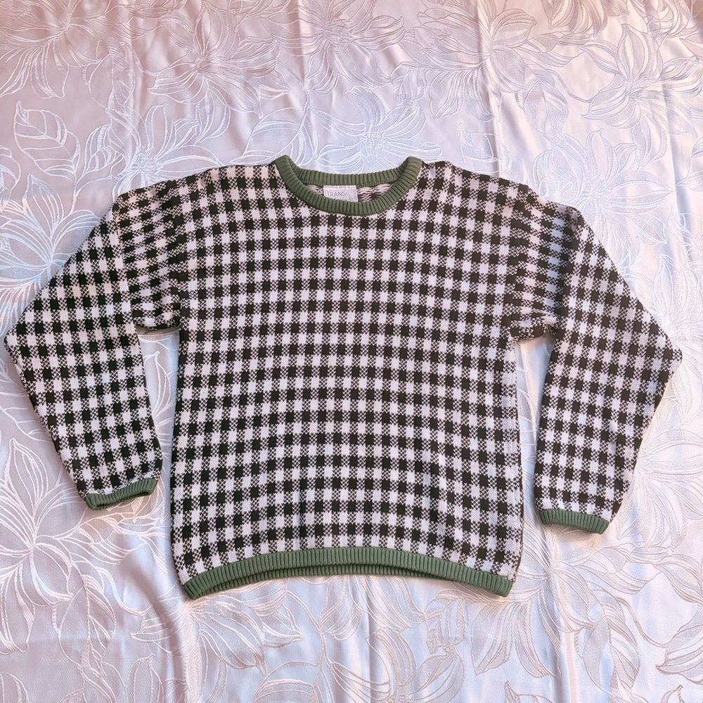 Vintage Black & White Checkered Sweater Green Trim Neck Hems - Small